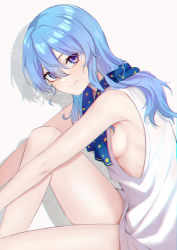 Rule 34 | 1girl, blue hair, blue scarf, blush, breasts, closed mouth, from side, hair between eyes, highres, hololive, hoshimachi suisei, knee up, long hair, looking at viewer, looking to the side, medium breasts, purple eyes, revision, saco (cgmore), scarf, shirt, sideboob, simple background, sitting, sleeveless, sleeveless shirt, smile, solo, star (symbol), star in eye, star print, symbol in eye, virtual youtuber, white background, white shirt