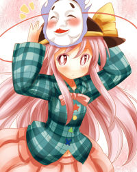 1girl bad_id bad_pixiv_id colored_eyelashes expressionless female_focus hat hat_ribbon hata_no_kokoro ishimori_sakana long_hair navel noh_mask pink_eyes pink_hair plaid_clothes plaid_shirt ribbon shirt skirt solo touhou