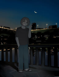 Rule 34 | 1boy, absurdres, avogado6, blue pants, blue sky, building, city, closed eyes, collarbone, crescent, crescent moon, evening, full body, gradient sky, grey footwear, grey hair, grey shirt, hand in pocket, hand up, highres, lamppost, male focus, moon, orange sky, original, outdoors, pants, pocket, reflection, river, sandals, shadow, shirt, short hair, short sleeves, sky, skyscraper, smile, solo, standing, t-shirt, teeth, v, water, when you see it, window