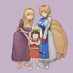 Rule 34 | 3girls, :3, :d, absurdres, animal ears, arm under breasts, barefoot, blonde hair, blue tabard, breasts, brown hair, cat ears, cat tail, chanta (ayatakaoisii), chen, child, cleavage, crossed arms, dress, earrings, eyebrows hidden by hair, fox ears, fox tail, full body, grey background, hat, height difference, highres, huge breasts, jewelry, large breasts, leaning forward, light smile, long hair, long sleeves, looking at viewer, lower teeth only, mob cap, multiple girls, multiple tails, nekomata, no headwear, open mouth, pink eyes, purple dress, red skirt, red vest, short hair, simple background, single earring, skirt, skirt set, sleeves past wrists, sleeves rolled up, slit pupils, smile, standing, tabard, tail, teeth, touhou, two tails, v, v arms, very long hair, vest, w, yakumo ran, yakumo yukari, yellow eyes