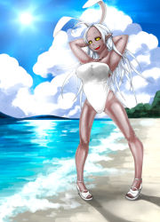 Rule 34 | 10s, arms behind head, beach, cardfight!! vanguard, cloud, magical partner, one-piece swimsuit, pale moon, strapless, strapless one-piece swimsuit, swimsuit, white hair, yellow eyes