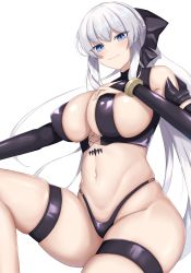 Rule 34 | absurdres, black bow, black gloves, blue eyes, blush, bow, bracelet, breasts, bridal gauntlets, cleavage, closed mouth, covered erect nipples, elbow gloves, baobhan sith (second ascension) (fate), fate/grand order, fate (series), gloves, grey hair, hair bow, highleg, highres, jewelry, knee up, large breasts, light smile, long hair, looking at viewer, morgan le fay (fate), navel, ponytail, revealing clothes, sharen, skindentation, thigh strap, white background