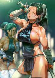 Rule 34 | 2girls, apron, apron lift, bamboo, bandaged arm, bandages, black apron, black hair, blue eyes, bottle, breasts, clothes lift, comb, commentary request, fundoshi, hair bun, hair ornament, hair ribbon, hairpin, heavy breathing, highres, holding, holding pickaxe, ichiren takushou, japanese clothes, large breasts, lifted by self, lips, mana (gesogeso), multiple girls, muscular, muscular female, no bra, one eye closed, original, pickaxe, ponytail, ribbon, scar, sideboob, single hair bun, thighhighs, water bottle, white legwear