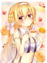 Rule 34 | 1girl, blonde hair, bow, breasts, chihio, chihiro (khorosho), choker, cleavage, coffee cup, crop top, cup, disposable cup, hair bow, hairband, highres, holding, holding cup, long hair, looking at viewer, medium breasts, midriff, navel, original, solo, striped bow, striped clothes, striped hairband, suspenders, upper body, yellow eyes