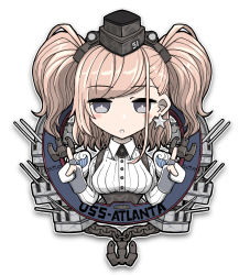 Rule 34 | 1girl, anchor, anchor hair ornament, atlanta (kancolle), blush, boushi-ya, breasts, brown hair, character name, earrings, garrison cap, gloves, grey eyes, hair ornament, hat, headgear, high-waist skirt, index finger raised, jewelry, kantai collection, long hair, long sleeves, open mouth, partially fingerless gloves, rigging, simple background, single earring, skirt, solo, star (symbol), star earrings, twintails, two side up, upper body, white background
