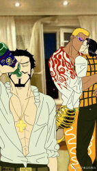 Rule 34 | 3boys, abs, beard, black hair, blonde hair, bottle, crocodile (one piece), cross, cross necklace, donquixote doflamingo, dracule mihawk, drinking, facial hair, feet out of frame, hair slicked back, jewelry, kiss, male focus, mature male, mg cls, multiple boys, mustache, necklace, one piece, open clothes, open shirt, parody request, pectoral cleavage, pectorals, photo background, scar, scar on face, scar on nose, short hair, stitches, sunglasses, wine bottle, yaoi