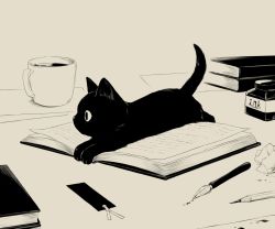 Rule 34 | animal, animal focus, avogado6, black cat, book, bookmark, cat, crumpled paper, cup, drink, nib pen (object), from side, ink, ink bottle, looking away, lying, monochrome, no humans, on stomach, open book, original, paper, pen, pencil, sepia, solo