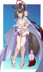 Rule 34 | 1girl, :d, absurdres, animal ears, bikini, black hair, blue archive, blush, bracelet, breasts, crossed arms, flower, fox ears, fox tail, hair flower, hair ornament, halo, highres, jewelry, long hair, looking at viewer, medium breasts, multicolored hair, open mouth, pepsi2330, red hair, sandals, smile, solo, swimsuit, tail, tail flower, tail ornament, thigh strap, wakamo (blue archive), wakamo (swimsuit) (blue archive), yellow eyes