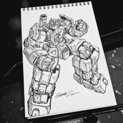 Rule 34 | clenched hands, commentary, decepticon, english commentary, fighting stance, greyscale, highres, ink (medium), looking at viewer, mecha, monochrome, no humans, notebook, pen, robot, science fiction, solo, soundwave (transformers), subjekt zero, traditional media, transformers