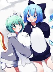 Rule 34 | 2girls, absurdres, alternate costume, black jacket, blue bow, blue eyes, blue hair, blush, bow, cirno, daiyousei, detached wings, fairy, fairy wings, fang, green eyes, green hair, grey jacket, hair between eyes, hair bow, highres, hood, hooded jacket, ice, ice wings, jacket, long sleeves, multiple girls, open mouth, side ponytail, skin fang, smile, touhou, wings, you (noanoamoemoe)