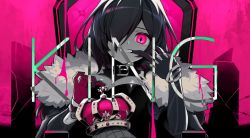 Rule 34 | 1girl, barbed wire, black collar, coat, collar, commentary request, crown, unworn crown, english text, finger to mouth, fur-trimmed coat, fur trim, highres, holding, holding crown, hololive, king (vocaloid), looking at viewer, nosir onadat, official art, pink background, pink eyes, pink theme, roboco-san, second-party source, smile, solo, song name, straight-on, teeth, throne, virtual youtuber, vocaloid