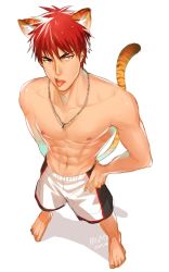 Rule 34 | 1boy, animal ears, artist name, bad id, bad pixiv id, dated, full body, kagami taiga, kemonomimi mode, kuroko no basuke, male focus, muscular, onegingek, red hair, short hair, simple background, solo, tail, tiger ears, tiger tail, topless male, white background