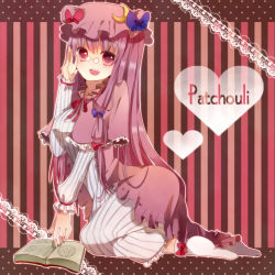 Rule 34 | 1girl, ao ringo, ass, bespectacled, book, bow, breasts, capelet, character name, female focus, full body, glasses, hair bow, hat, heart, kneeling, long hair, magic circle, open mouth, patchouli knowledge, pentagram, pince-nez, purple eyes, purple hair, smile, socks, solo, touhou, white socks