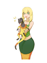 Rule 34 | 1girl, :p, blonde hair, closed mouth, commentary, cowboy shot, gen 6 pokemon, green shirt, green skirt, heliolisk, lamia, materclaws, monster girl, notice lines, pokemon, pokemon (creature), shirt, simple background, skirt, sleeveless, sleeveless shirt, smile, tongue, tongue out, white background