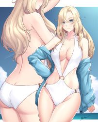 Rule 34 | 1girl, artist name, ass, bikini, blonde hair, blue eyes, blush, breasts, butt crack, closed mouth, collarbone, cowboy shot, groin, highres, hornet (kancolle), kantai collection, large breasts, long hair, multiple views, o-ring, o-ring bikini, odachu, signature, smile, swimsuit