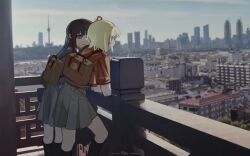 Rule 34 | 2girls, absurdres, against railing, architecture, backpack, bag, black hair, blonde hair, blue sky, building, chinese commentary, city, closed mouth, commentary request, day, east asian architecture, grey skirt, hair ribbon, highres, inoue takina, jacket, long hair, looking at another, lycoris recoil, medium hair, multiple girls, nishikigi chisato, outdoors, photo background, pleated skirt, purple eyes, railing, red jacket, red ribbon, ribbon, skirt, sky, smile, yanlingjinshilihuahua