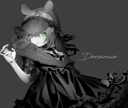 Rule 34 | 1girl, animal ears, copyright request, dress, eyes visible through hair, green eyes, greyscale, highres, long hair, looking at viewer, monochrome, mouse ears, parted lips, sazanamiryo, see-through, see-through sleeves, solo, spot color, upper body, virtual youtuber