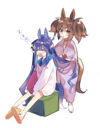 Rule 34 | 2girls, animal ears, bath yukata, blue hair, blush, breasts, brown hair, brushing another&#039;s hair, brushing hair, cleavage, closed eyes, drooling, full body, highres, hood, hoodie, horse ears, horse girl, horse tail, inari one (umamusume), japanese clothes, kimono, large breasts, long hair, mayana (bbpp), mouth hold, multiple girls, open mouth, simple background, sitting, sleeves past fingers, sleeves past wrists, slippers, standing, tail, twin turbo (umamusume), twintails, umamusume, white background, yukata, zzz