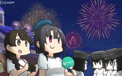 Rule 34 | 6+girls, akitsu maru (kancolle), alternate costume, animal crossing, black eyes, black hair, black headwear, braid, brown eyes, brown hair, camera, commentary request, crossover, dated, fireworks, hair over shoulder, hamu koutarou, hand fan, hat, highres, isabelle (animal crossing), kantai collection, long hair, multiple girls, multiple persona, night, night sky, nintendo, one-hour drawing challenge, paper fan, peaked cap, red eyes, shirt, short hair, single braid, sky, star (sky), starry sky, t-shirt, takao (kancolle), uchiwa, upper body, uranami (kancolle), white shirt