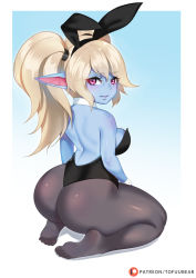 Rule 34 | 1girl, animal ears, ass, black pantyhose, blonde hair, blue skin, breasts, colored skin, detached collar, fake animal ears, full body, huge ass, league of legends, leotard, looking at viewer, looking back, pantyhose, pink eyes, playboy bunny, pointy ears, poppy (league of legends), purple eyes, rabbit ears, shortstack, sideboob, thick thighs, thighs, tofuubear, twintails, wide hips, wrist cuffs, yordle