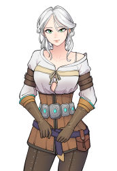 Rule 34 | 1girl, absurdres, belt buckle, blouse, brown pants, buckle, ciri, corset, eyelashes, gem, gloves, green eyes, hair bun, highres, leather, leather gloves, looking at viewer, pale skin, pants, sgy7334, shirt, silver hair, single hair bun, smile, the witcher (series), the witcher 3, wavy hair, white shirt
