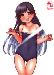 Rule 34 | 1girl, alternate costume, artist logo, black eyes, black hair, blue one-piece swimsuit, clothes pull, collarbone, commentary request, competition school swimsuit, convenient censoring, covered navel, cowboy shot, dated, flat chest, gluteal fold, gradient hair, grey hair, highres, i-400 (kancolle), kanon (kurogane knights), kantai collection, light censor, light rays, long hair, looking at viewer, multicolored hair, one-piece swimsuit, one-piece swimsuit pull, open mouth, school swimsuit, simple background, smile, solo, standing, swimsuit, teeth, thigh gap, upper teeth only, white background