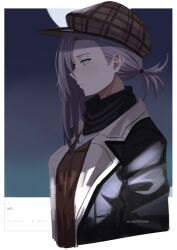 Rule 34 | 1girl, blue eyes, character name, coat, dated, expressionless, from side, girls&#039; frontline, grey hair, hair over one eye, hat, highres, long hair, mado mdmbx (wjjj5485), mg5 (call of the hunter) (girls&#039; frontline), mg5 (girls&#039; frontline), moon, official alternate costume, outdoors, ponytail, profile, scarf, solo, upper body