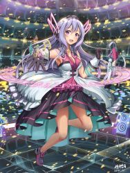Rule 34 | 10s, 1girl, alternate costume, bare legs, bare shoulders, blush, breasts, cleavage, confetti, crowd, dress, gakusen toshi asterisk, gloves, glowstick, headphones, highres, huanghyy, idol, light purple hair, long hair, looking at viewer, musical note, open mouth, outstretched arm, purple eyes, quaver, solo focus, speaker, stage, sylvia lyyneheym, treble clef, very long hair