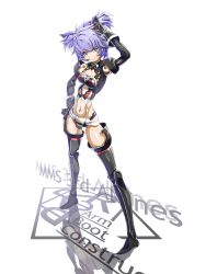 Rule 34 | 1girl, altines, blue eyes, blue hair, boots, breasts, busou shinki, character name, contrapposto, doll joints, hand in own hair, highres, joints, mecha musume, mechanical arms, misenouchi, navel, short hair, small breasts, solo, thigh boots, thighhighs, thighs, white background