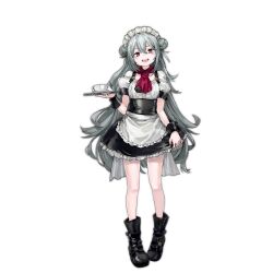 Rule 34 | 1girl, :d, apron, ascot, badge, black footwear, blush stickers, boots, brown eyes, cup, dier maid (girls&#039; frontline), double bun, full body, girls&#039; frontline, grey hair, hair between eyes, hair bun, happy, holding, holding tray, infukun, long hair, maid, maid apron, maid headdress, no socks, official art, open mouth, puffy short sleeves, puffy sleeves, red ascot, short sleeves, simple background, skirt hold, smile, solo, spoilers, standing, teacup, teeth, transparent background, tray, upper teeth only, white apron, wrist cuffs