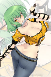 Rule 34 | 1girl, ass, back, belt, blouse, breast tattoo, breasts, butt crack, cleavage, collar, dimples of venus, elbow gloves, gloves, green hair, hair between eyes, hikage (senran kagura), holding, holding weapon, knife, large breasts, licking, licking blade, licking weapon, lindaroze, looking back, pants, senran kagura, shirt, short hair, simple background, slit pupils, solo, standing, tattoo, tongue, tongue out, torn clothes, torn shirt, weapon, yellow eyes