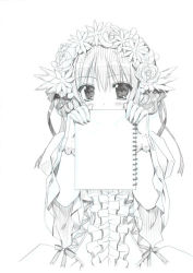 Rule 34 | 1girl, commentary request, covering own mouth, flower, gloves, graphite (medium), greyscale, hair between eyes, hair flower, hair ornament, holding, holding sketchbook, looking at viewer, mechanical pencil, monochrome, original, pencil, ryuuga shou, simple background, sketchbook, solo, traditional media, upper body, white background