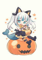Rule 34 | 1girl, aruya (flosrota), blue eyes, fang, gawr gura, halloween, hololive, hololive english, looking at viewer, open mouth, simple background, solo, virtual youtuber