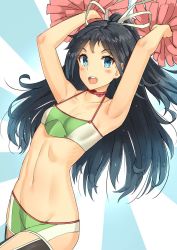 Rule 34 | 10s, 1girl, :d, armpits, bad id, bad pixiv id, bare arms, bare shoulders, black hair, blue eyes, blush, breasts, cheerleader, cowboy shot, hair ribbon, halterneck, high ponytail, highres, holding, kantai collection, katsuragi (kancolle), long hair, looking at viewer, navel, open mouth, osananajimi neko, parted bangs, parted lips, pom pom (cheerleading), ribbon, round teeth, small breasts, smile, solo, sports bra, standing, stomach, tareme, teeth, two-tone background, very long hair, white ribbon