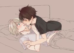 Rule 34 | 10s, 2boys, aldnoah.zero, bad id, bad pixiv id, bed, blush, brown eyes, brown hair, green eyes, hand on another&#039;s face, imminent kiss, kaizuka inaho, lying, lying on person, male focus, multiple boys, open mouth, short hair, silver hair, slaine troyard, yaoi