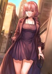 Rule 34 | 1girl, bag, blurry, blurry background, bracelet, braid, breasts, coat, collarbone, dress, fate/grand order, fate (series), florence nightingale (fate), folded ponytail, hair ribbon, hand in pocket, handbag, highres, jewelry, long hair, long sleeves, looking at viewer, mashuu (neko no oyashiro), medium breasts, necklace, open clothes, open coat, parted lips, pink coat, pink hair, purple dress, red eyes, ribbon, single braid, solo, standing, thighs