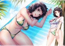 Rule 34 | 1girl, :d, against tree, bent over, bikini, black hair, breasts, brown eyes, chair, closed mouth, commission, groin, highres, kawakami sadayo, large breasts, looking at viewer, lounge chair, midriff, navel, open mouth, palm tree, persona, persona 5, pixiv commission, print shirt, shirt, short hair, sideboob, smile, standing, stomach, striped bikini, striped clothes, summer, swimsuit, t-shirt, thighs, tied shirt, tree, underboob, white shirt, yaoto