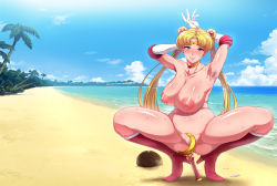 Rule 34 | 1girl, armpit hair, arms behind back, beach, bishoujo senshi sailor moon, blonde hair, blue eyes, blush, boots, breasts, cloud, coconut, collarbone, commentary request, convenient censoring, female pubic hair, hair ornament, half-closed eyes, high heel boots, high heels, large breasts, mature female, ocean, orc okomeman, orcsoft, palm tree, pubic hair, sky, solo, spread legs, squatting, thighs, tiara, tiptoes, tree, tsukino usagi, twintails