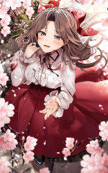 Rule 34 | 1girl, absurdres, alternate costume, blush, brown eyes, brown hair, buttons, center frills, cherry blossoms, collared shirt, frills, hair intakes, half updo, highres, jintsuu (kancolle), kantai collection, long hair, long sleeves, open mouth, petals, red skirt, shirt, skirt, smile, solo, white shirt, yunamaro