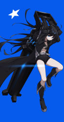 Rule 34 | 1girl, absurdres, ahoge, arms up, bag, belt, bikini, bikini top only, black bikini, black choker, black coat, black footwear, black gloves, black hair, black rock shooter, black rock shooter (character), black shorts, blue background, blue eyes, breasts, choker, closed mouth, coat, collarbone, floating hair, full body, gloves, grey belt, hair between eyes, highres, holding, holding weapon, long hair, long sleeves, micro shorts, midriff, navel, open clothes, open coat, rejan, shorts, simple background, small breasts, solo, star (symbol), stomach, swimsuit, twintails, very long hair, weapon