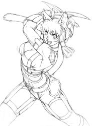 Rule 34 | 00s, 1girl, animal ears, breasts, cat ears, cat girl, cat tail, cha lebagta, dual wielding, female focus, final fantasy, final fantasy xi, gochou (kedama), greyscale, holding, knife, mithra (ff11), monochrome, short hair, simple background, solo, tail, weapon