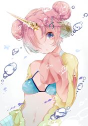 Rule 34 | 1girl, air bubble, bandages, bati15, blue eyes, breasts, bubble, closed mouth, double bun, fate/grand order, fate (series), frankenstein&#039;s monster (fate), frankenstein&#039;s monster (swimsuit saber) (fate), frankenstein&#039;s monster (swimsuit saber) (first ascension) (fate), hair bun, hair over one eye, hands in opposite sleeves, horns, looking at viewer, medium breasts, navel, parted bangs, pink hair, pursed lips, short hair, single horn, solo, underwater, upper body