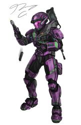 Rule 34 | 1girl, absurdres, armor, battle rifle, bullpup, commentary, commission, english commentary, gun, halo: reach, halo (series), handgun, helmet, highres, looking down, m392 marksman, m6d, pickledgear, pistol, power armor, profanity, reloading, rifle, science fiction, solo, spartan (halo), transparent background, weapon, weapon on back, white background
