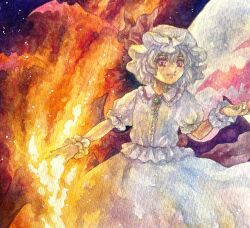 Rule 34 | 1girl, absurdres, amulet, bat (animal), commentary request, copyright name, fire, frilled sleeves, frills, hat, highres, holding flame, looking at viewer, mob cap, moon, night, painting (medium), remilia scarlet, shiroma (mamiko), short sleeves, touhou, traditional media, watercolor (medium)