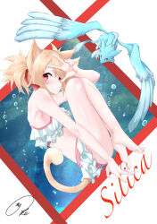 1girl 1other absurdres alternate_costume animal_ears bare_shoulders barefoot bikini blonde_hair blush breasts cat_ears cat_girl cat_tail character_name closed_mouth commentary_request frilled_bikini frills full_body hair_ribbon hand_up highres knees_up looking_at_viewer maximum7010 pina_(sao) red_eyes red_ribbon ribbon short_hair short_twintails signature silica silica_(sao-alo) small_breasts smile swimsuit sword_art_online tail twintails underwater w white_bikini