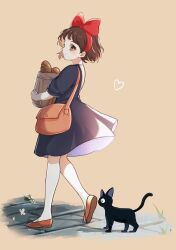 1girl absurdres animal bag black_cat black_dress bow bread brown_background brown_bag brown_eyes brown_footwear brown_hair bug butterfly cat closed_mouth dress food full_body hairband heart hi_hiiii highres insect jiji_(majo_no_takkyuubin) light_blush light_smile majo_no_takkyuubin red_bow red_hairband shoes short_hair simple_background solo stone_floor walking