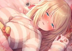 Rule 34 | 1girl, akai haato, blue eyes, blush, breasts, commentary request, haaton (akai haato), half-closed eyes, hand up, heart, highres, hololive, large breasts, light particles, long hair, long sleeves, looking at viewer, lying, magowasabi, nail polish, on back, parted lips, red nails, sleeves past wrists, solo, spoken squiggle, squiggle, striped clothes, striped sweater, sweat, sweater, upper body, virtual youtuber, zipper pull tab