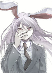 Rule 34 | 1girl, animal ears, blazer, collared shirt, female focus, grin, hand on own face, highres, jacket, long hair, long sleeves, looking at viewer, necktie, nurupo (abooon), rabbit ears, red eyes, red necktie, reisen udongein inaba, shirt, simple background, slit pupils, smile, solo, touhou, upper body, white background, white shirt, wind