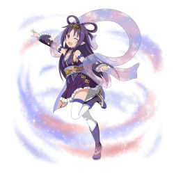 Rule 34 | 1girl, ;d, alternate costume, breasts, choker, cleavage, collarbone, detached sleeves, diadem, dress, full body, highres, holding, japanese clothes, leg up, long hair, obi, official art, one eye closed, open mouth, outstretched arm, pleated dress, pointy ears, purple dress, purple hair, sash, see-through, short dress, sleeveless, sleeveless dress, small breasts, smile, solo, sparkle, standing, standing on one leg, sword art online, thighhighs, transparent background, very long hair, white thighhighs, yuuki (sao)