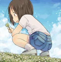 Rule 34 | 1girl, ass, ass focus, blue sky, blush, breasts, brown hair, child, cloud, cloudy sky, clover, denim, denim shorts, field, flat chest, flower, flower field, four-leaf clover, from behind, from below, grass, nanoningen (anapoko), outdoors, shirt, shoes, short hair, shorts, sideways mouth, sky, small breasts, socks, solo, squatting, white shirt, white socks